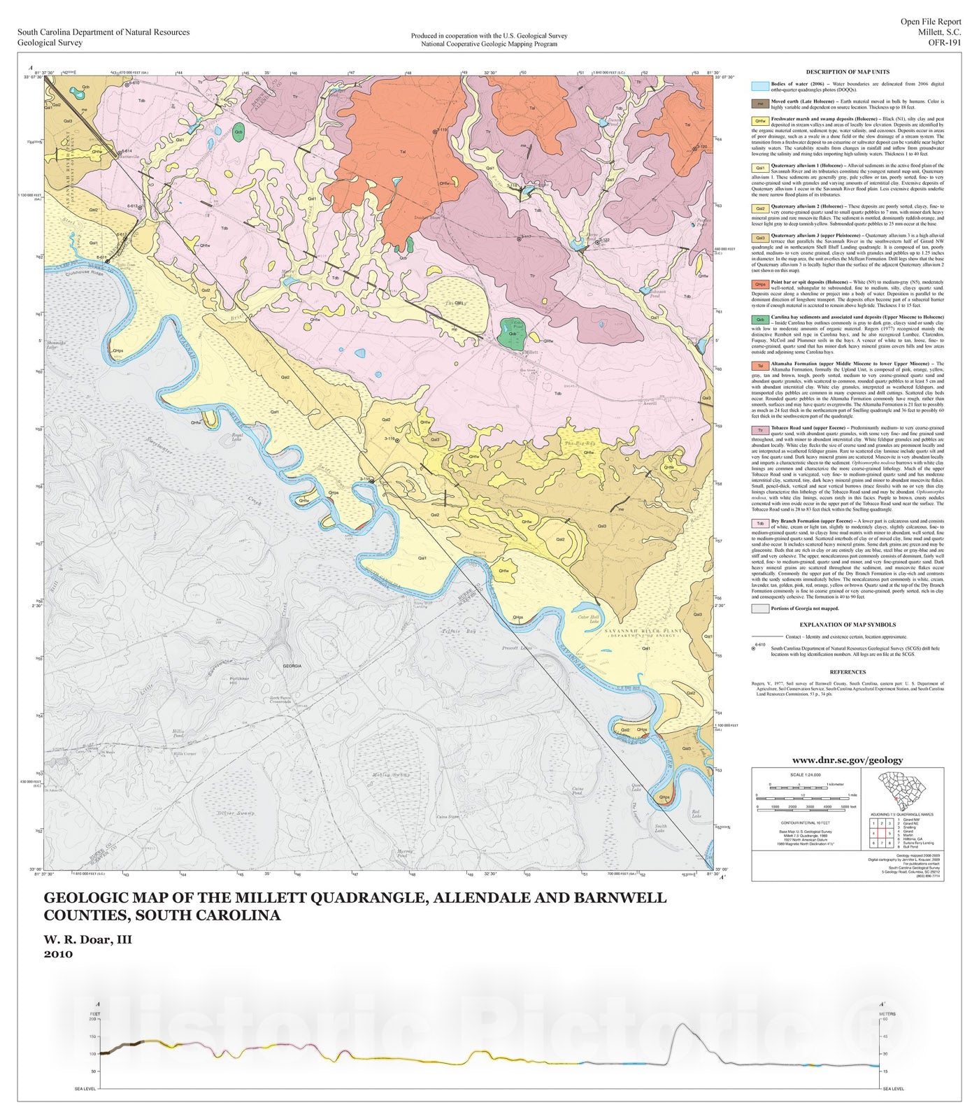 Map : Geologic Map of the Millett Quadrangle, Allendale and Barnwell Counties, South Carolina, 2010 Cartography Wall Art :