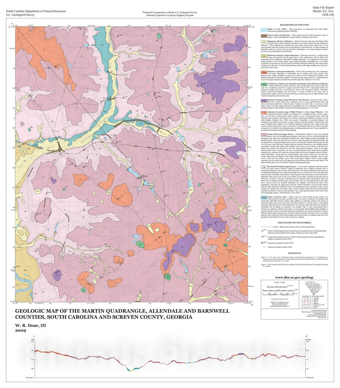 Map : Geologic Map of the Martin Quadrangle, Allendale and Barnwell Counties, South Carolina and Screven County, Georgia, 2009 Cartography Wall Art :