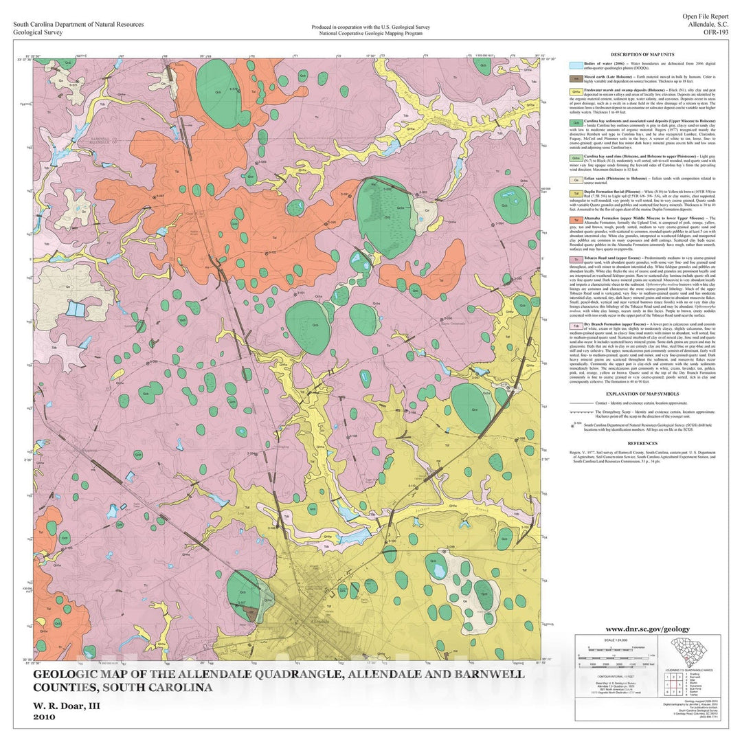 Map : Geologic Map of the Allendale Quadrangle, Allendale and Barnwell Counties, South Carolina, 2010 Cartography Wall Art :