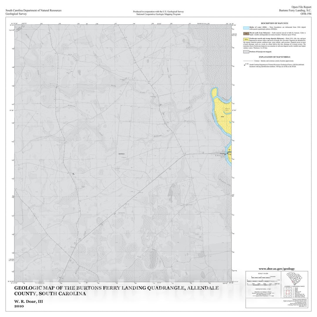 Map : Geologic Map of the Burtons Ferry Landing Quadrangle, Allendale County, South Carolina, 2010 Cartography Wall Art :