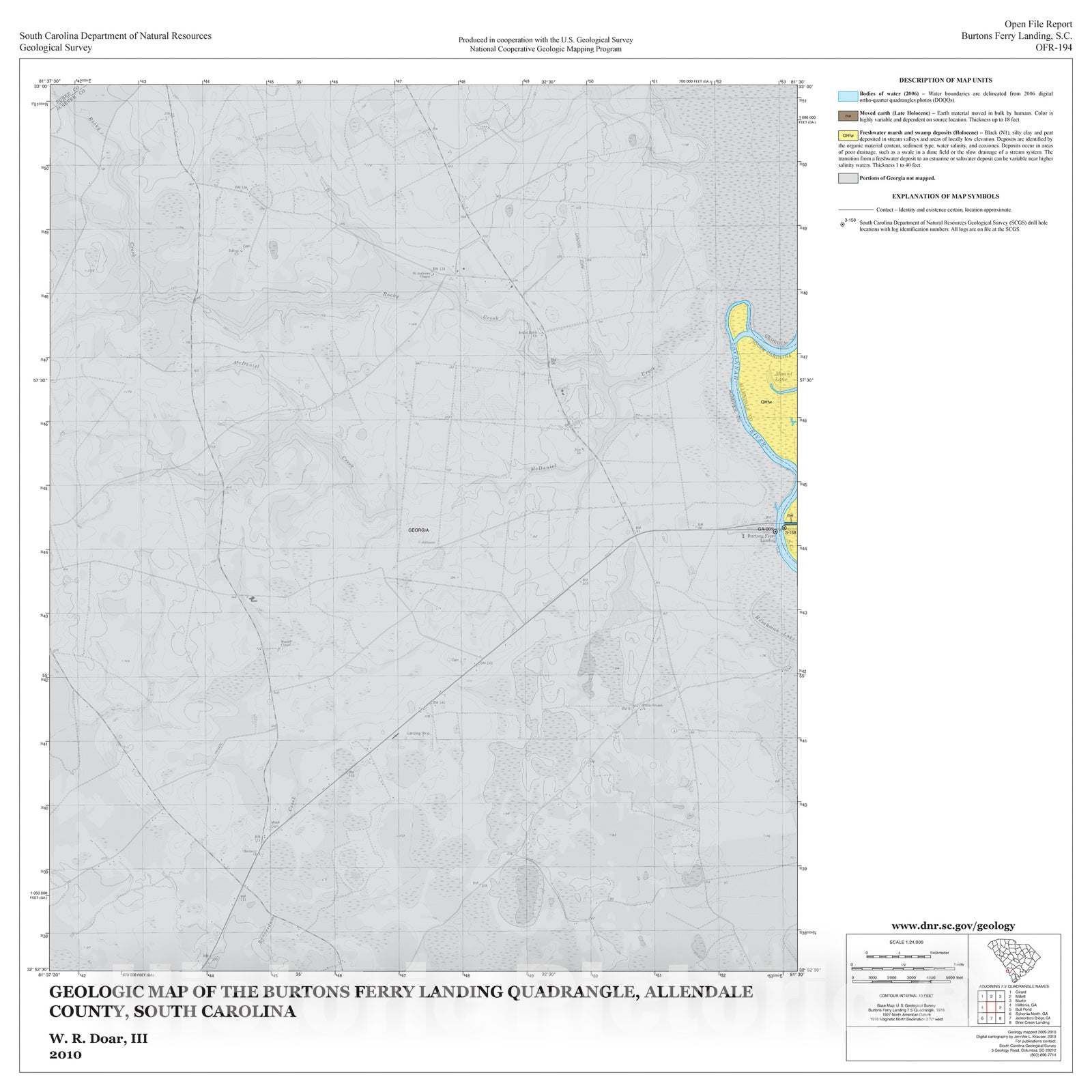 Map : Geologic Map of the Burtons Ferry Landing Quadrangle, Allendale County, South Carolina, 2010 Cartography Wall Art :