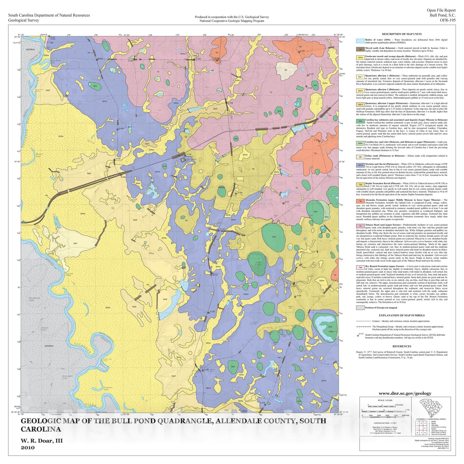 Map : Geologic Map of the Bull Pond Quadrangle, Allendale County, South Carolina, 2010 Cartography Wall Art :