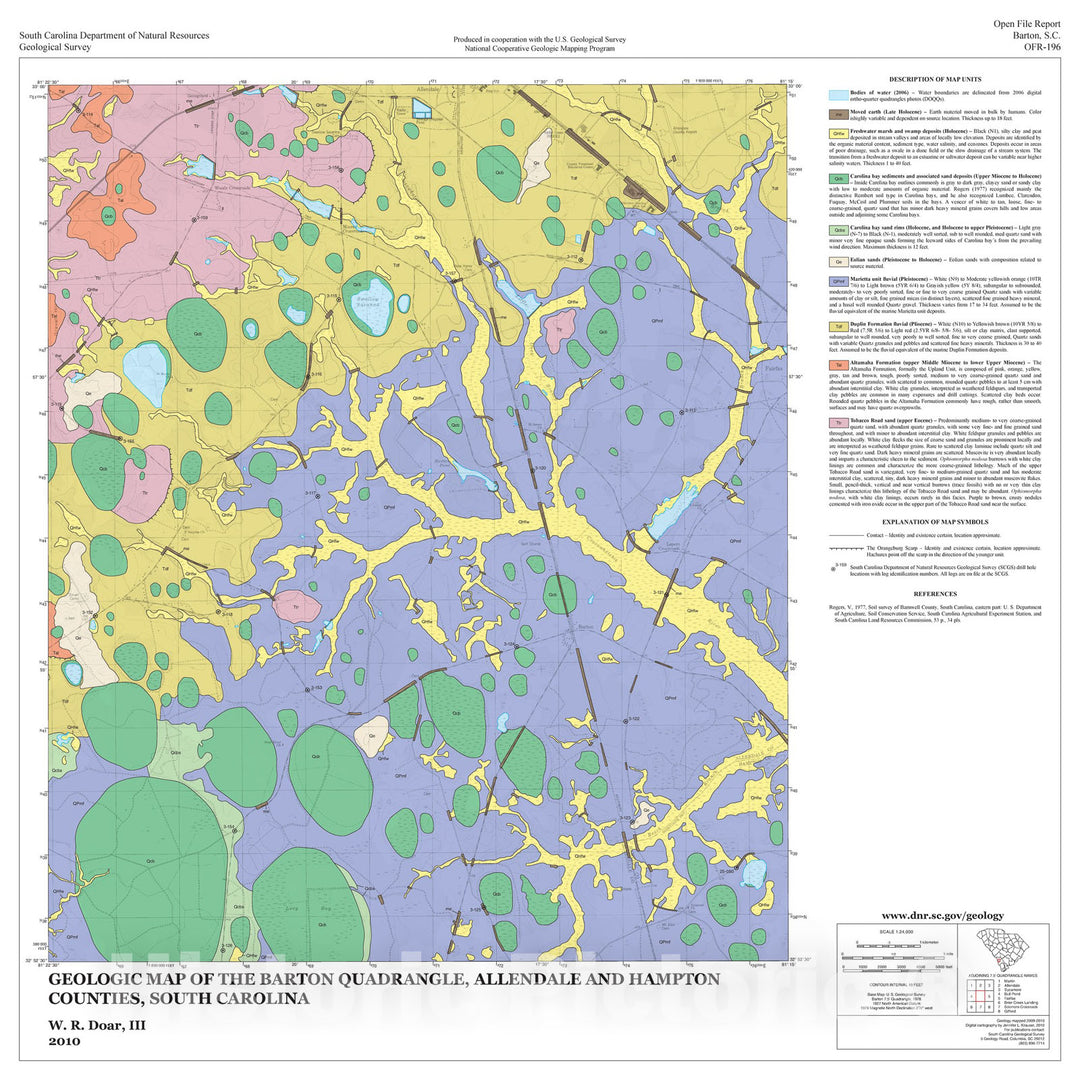 Map : Geologic Map of the Barton Quadrangle, Allendale and Hampton Counties, South Carolina, 2010 Cartography Wall Art :