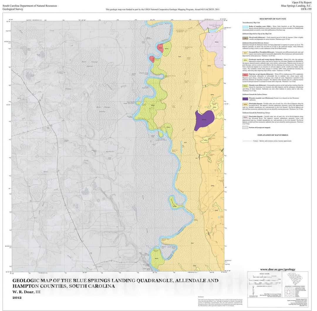 Map : Geologic Map of the Blue Springs Landing Quadrangle, Allendale and Hampton Counties, South Carolina, 2012 Cartography Wall Art :