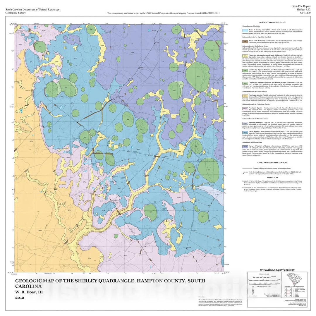 Map : Geologic Map of the Shirley Quadrangle, Hampton County, South Carolina, 2012 Cartography Wall Art :