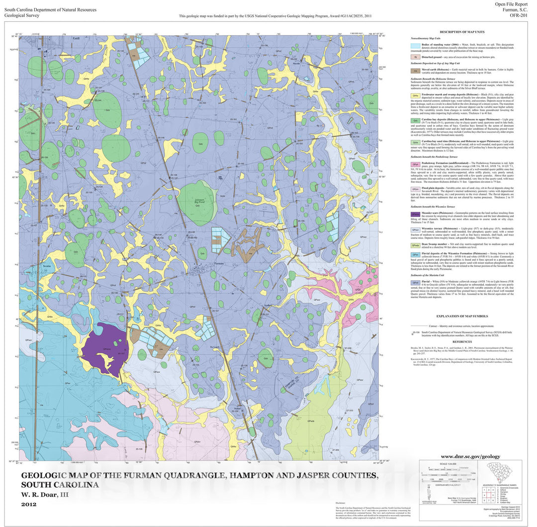 Map : Geologic Map of the Furman Quadrangle, Hampton and Jasper Counties, South Carolina, 2012 Cartography Wall Art :