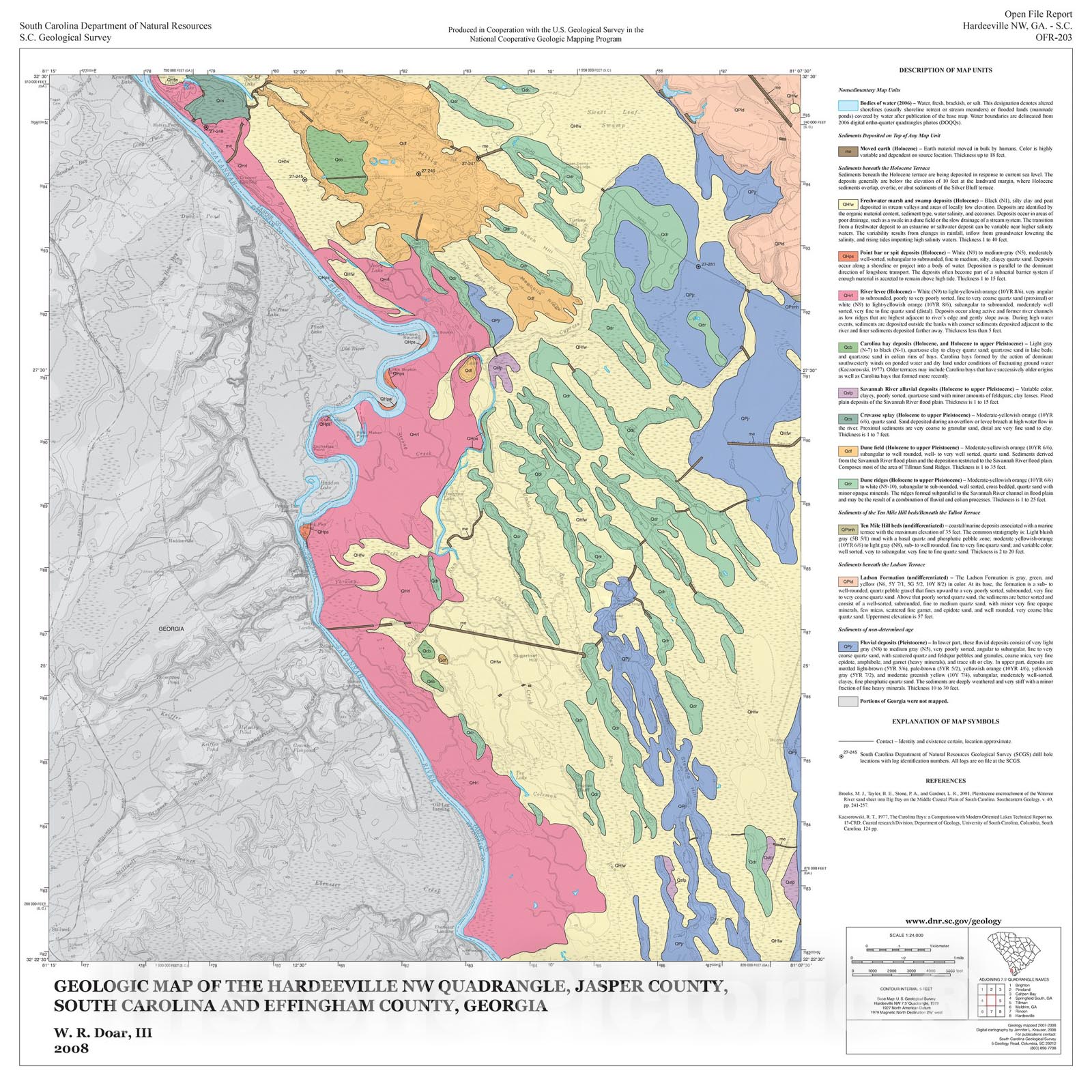 Map : Geologic Map of the Hardeeville NW Quadrangle, Jasper County, South Carolina and Effingham County, Georgia, 2008 Cartography Wall Art :