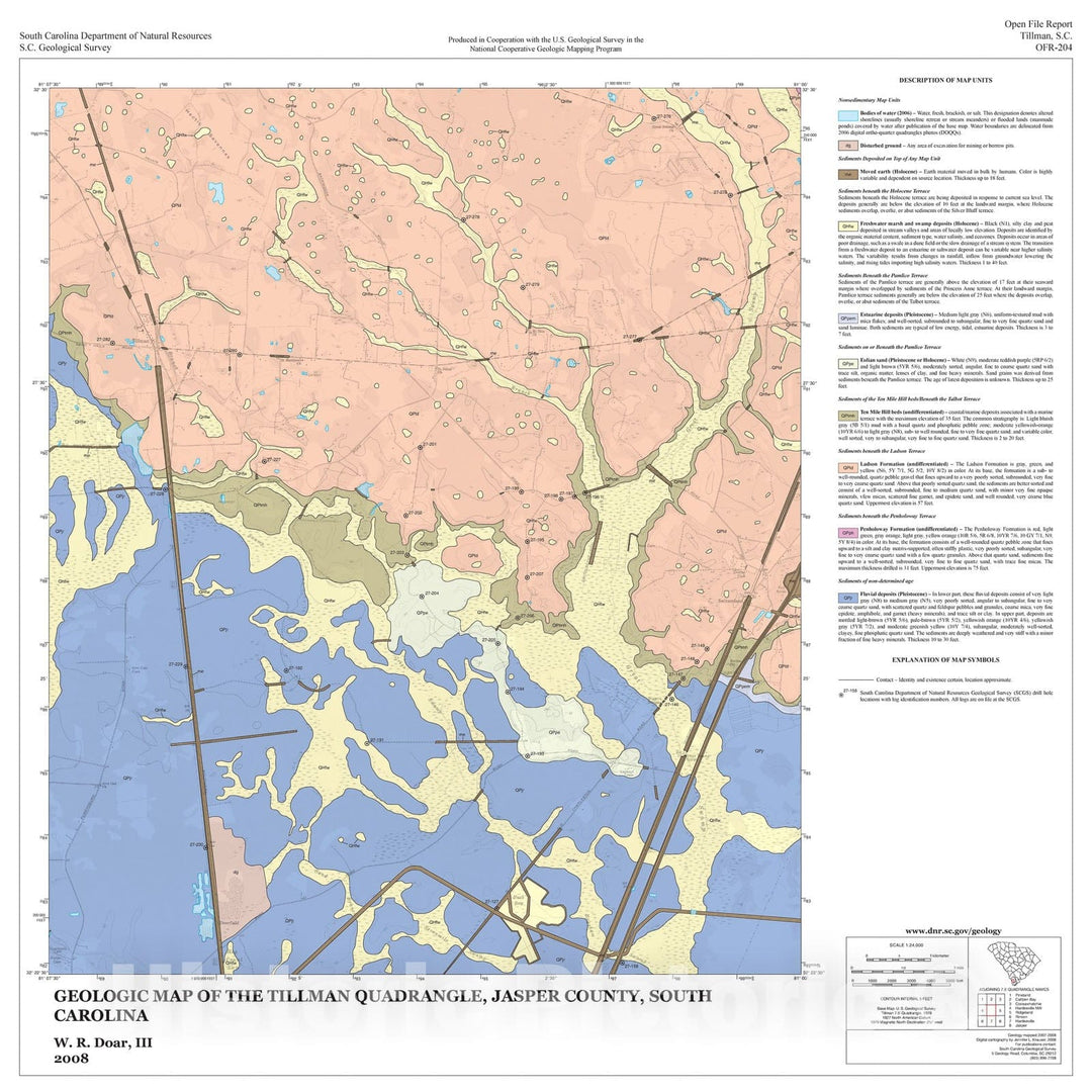 Map : Geologic Map of the Tillman Quadrangle, Jasper County, South Carolina, 2008 Cartography Wall Art :