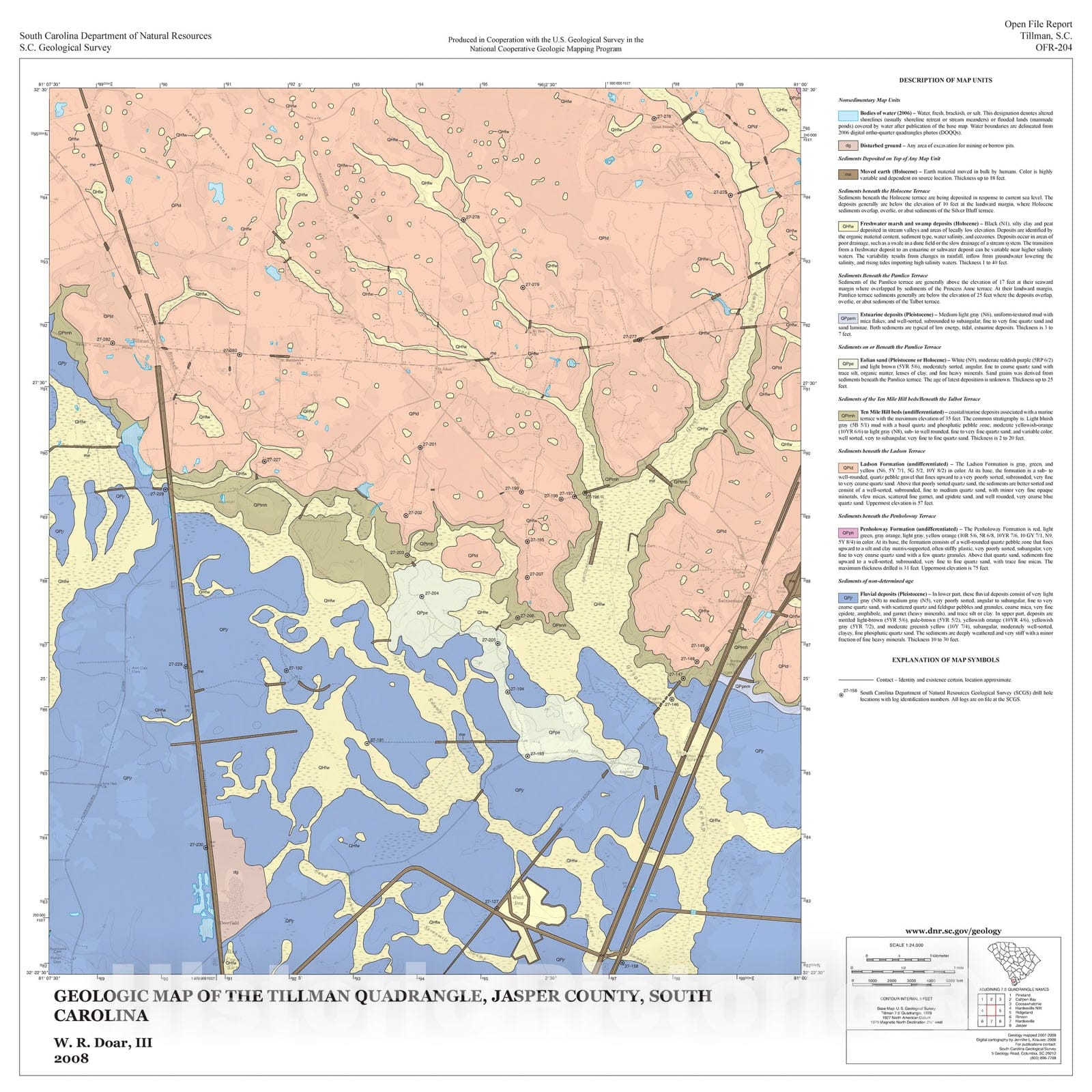 Map : Geologic Map of the Tillman Quadrangle, Jasper County, South Carolina, 2008 Cartography Wall Art :