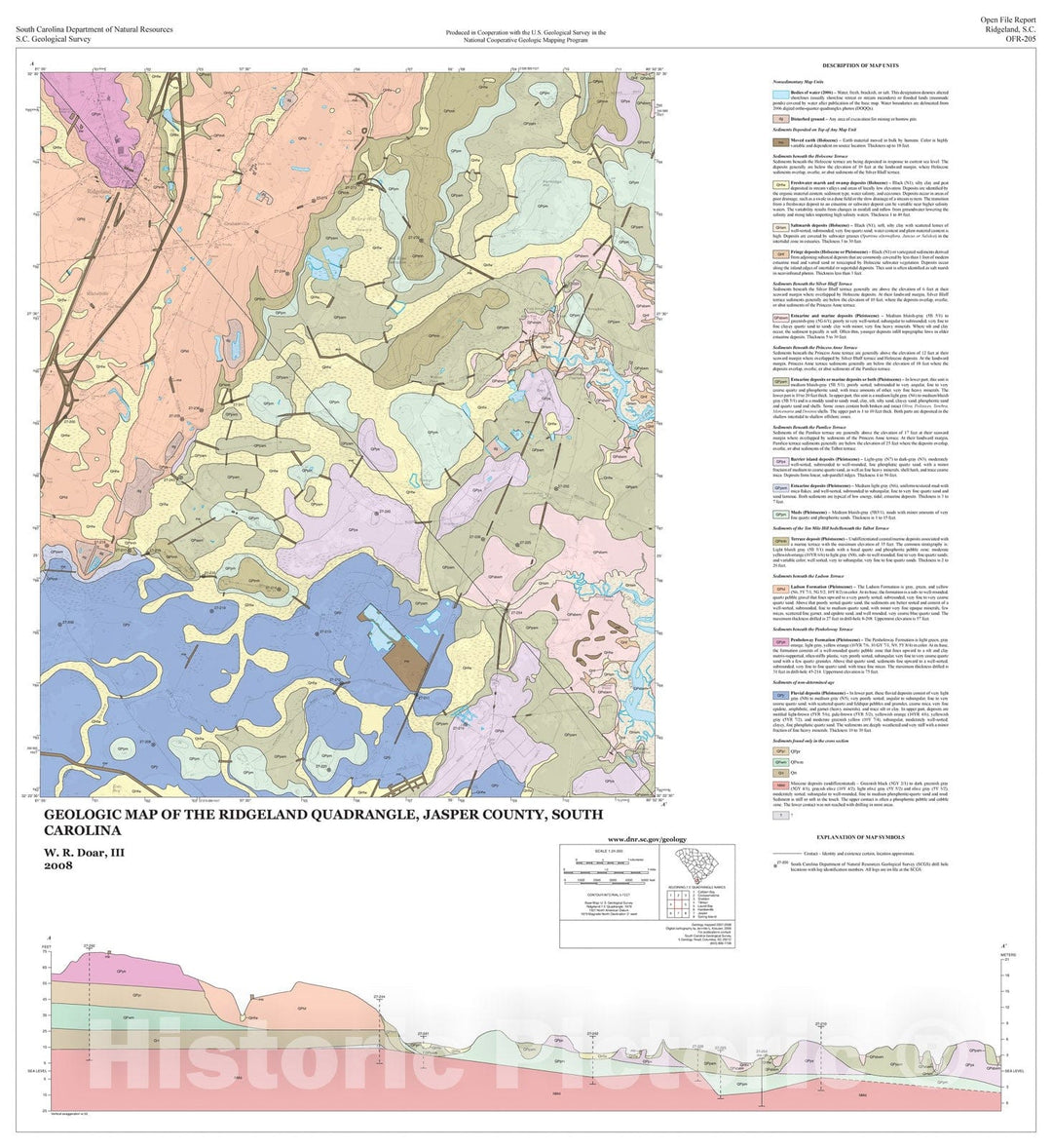 Map : Geologic Map of the Ridgeland Quadrangle, Jasper County, South Carolina, 2008 Cartography Wall Art :