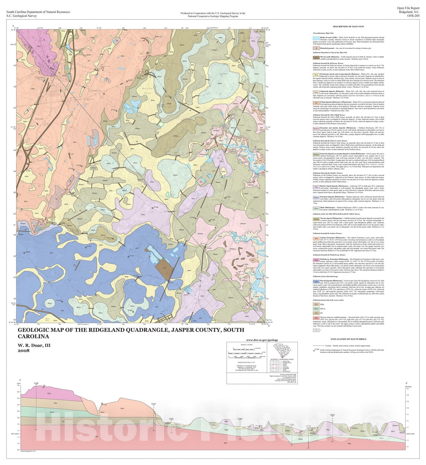 Map : Geologic Map of the Ridgeland Quadrangle, Jasper County, South Carolina, 2008 Cartography Wall Art :