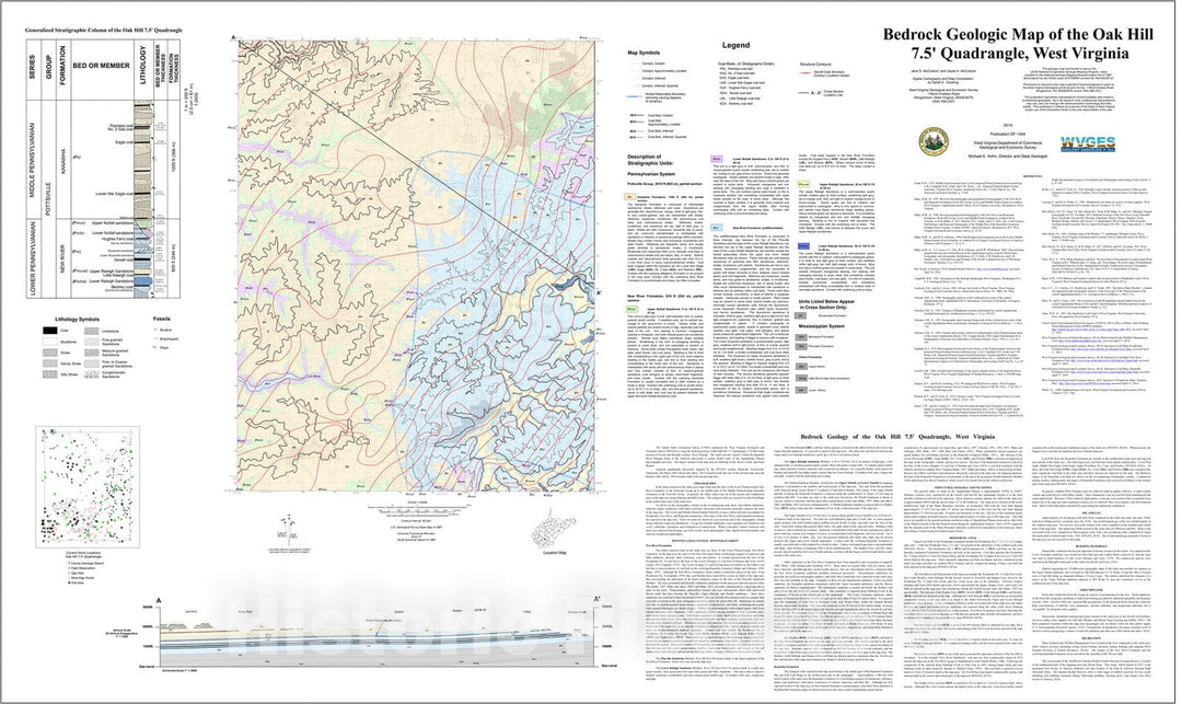 Map : Bedrock Geologic Map of the Oak Hill 7.5' Quadrangle, West Virginia, 2014 Cartography Wall Art :