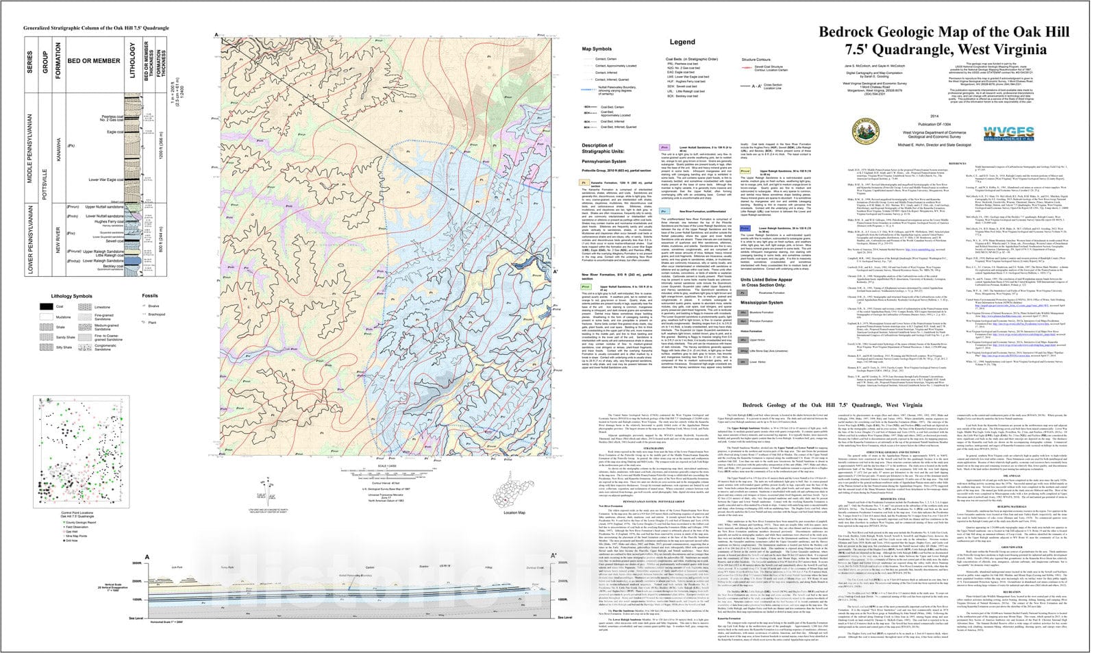 Map : Bedrock Geologic Map of the Oak Hill 7.5' Quadrangle, West Virginia, 2014 Cartography Wall Art :