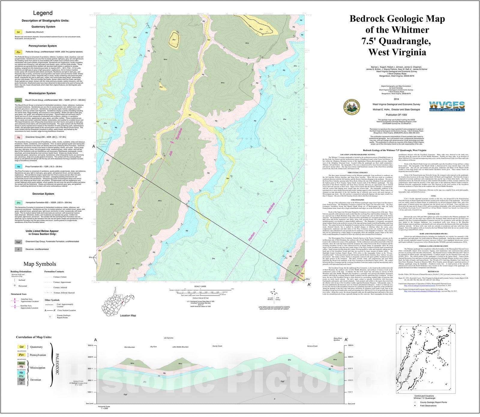 Map : Bedrock Geologic Map of the Whitmer 7.5' Quadrangle, West Virginia, 2014 Cartography Wall Art :