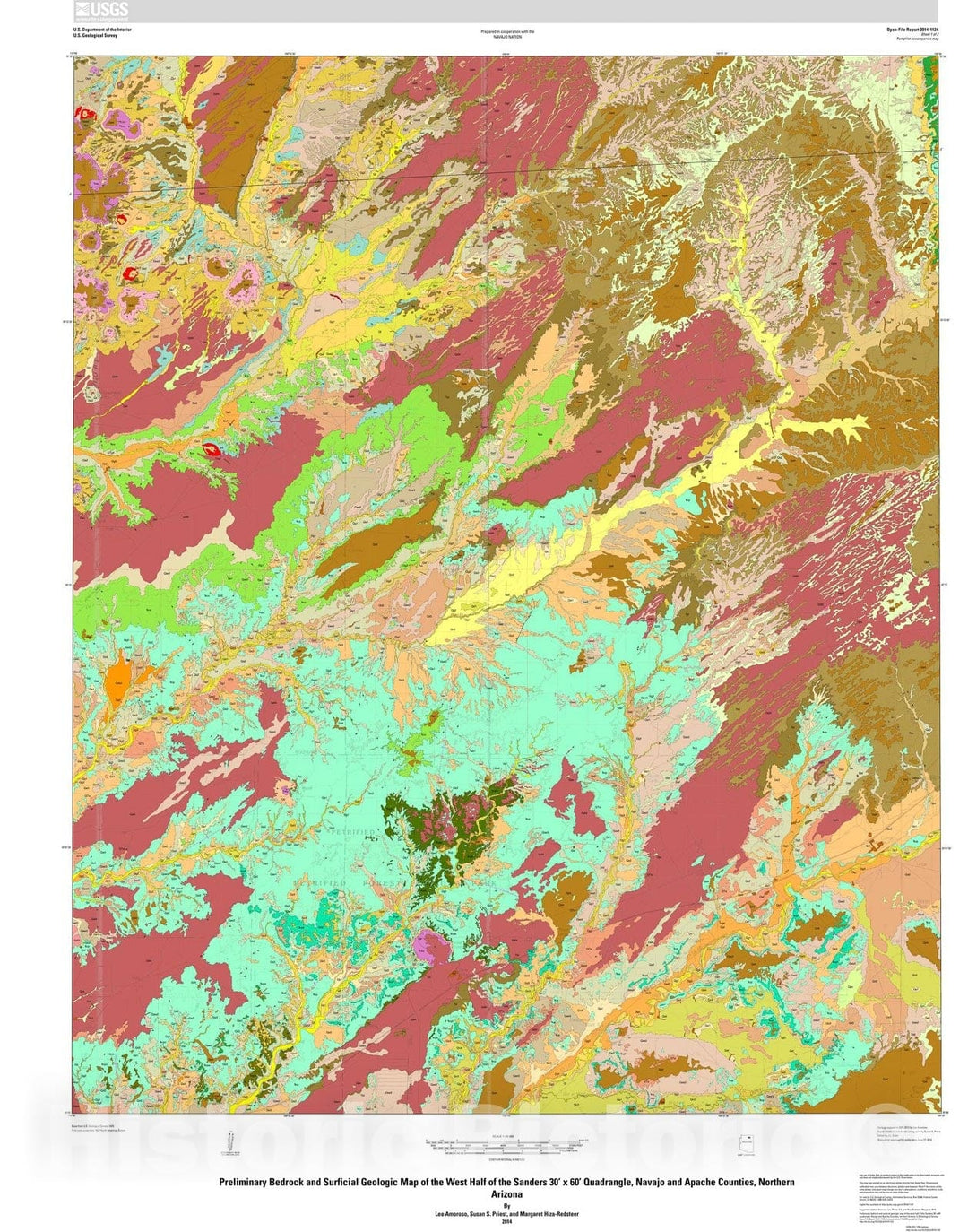 Map : Preliminary bedrock and surficial geologic map of the west half of the Sanders 30' x 60' quadrangle, Navajo and Apache Counties, northern Arizona, 2014 Cartography Wall Art :