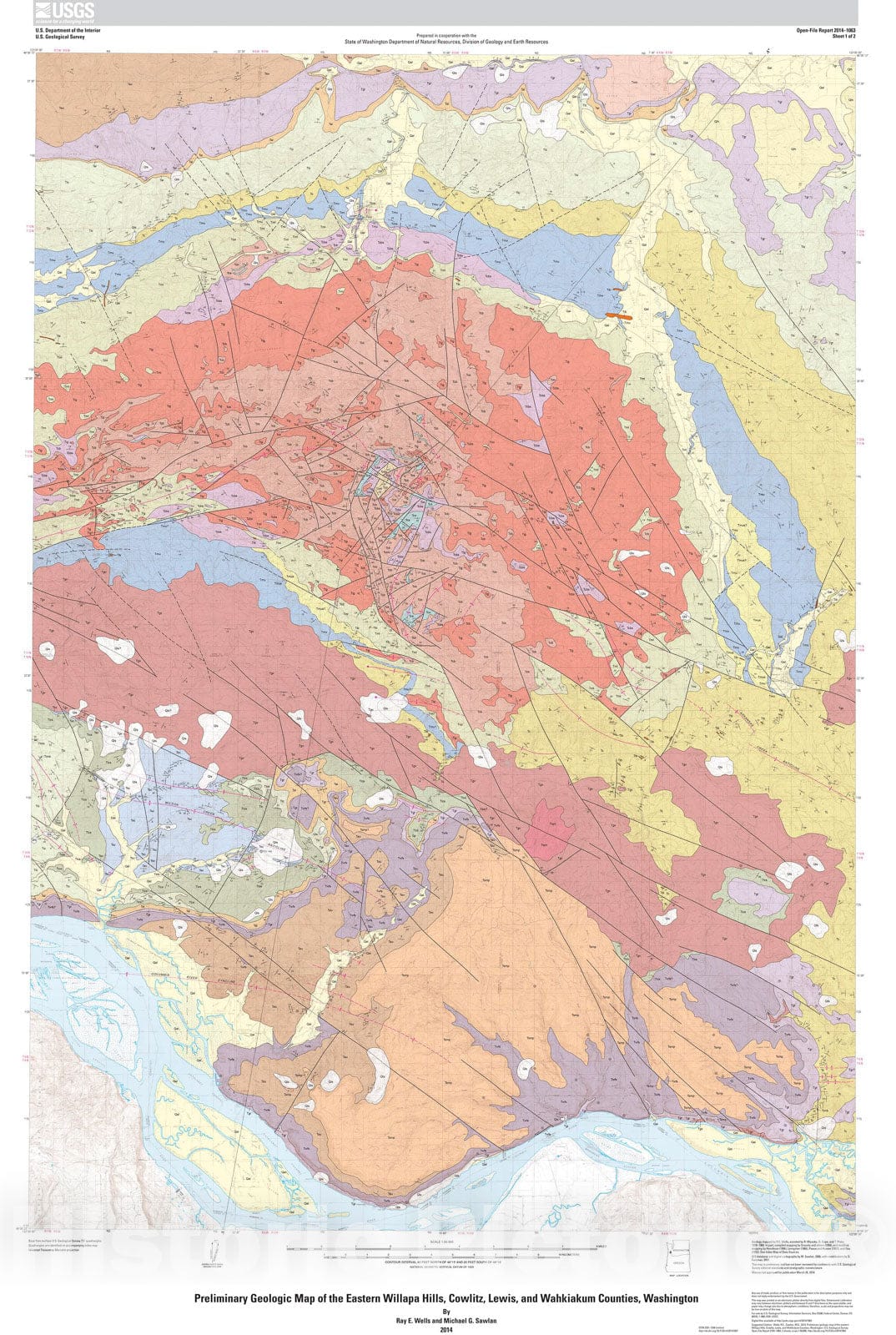 Map : Preliminary geologic map of the eastern Willapa Hills, Cowlitz, Lewis, and Wahkiakum Counties, Washington, 2014 Cartography Wall Art :