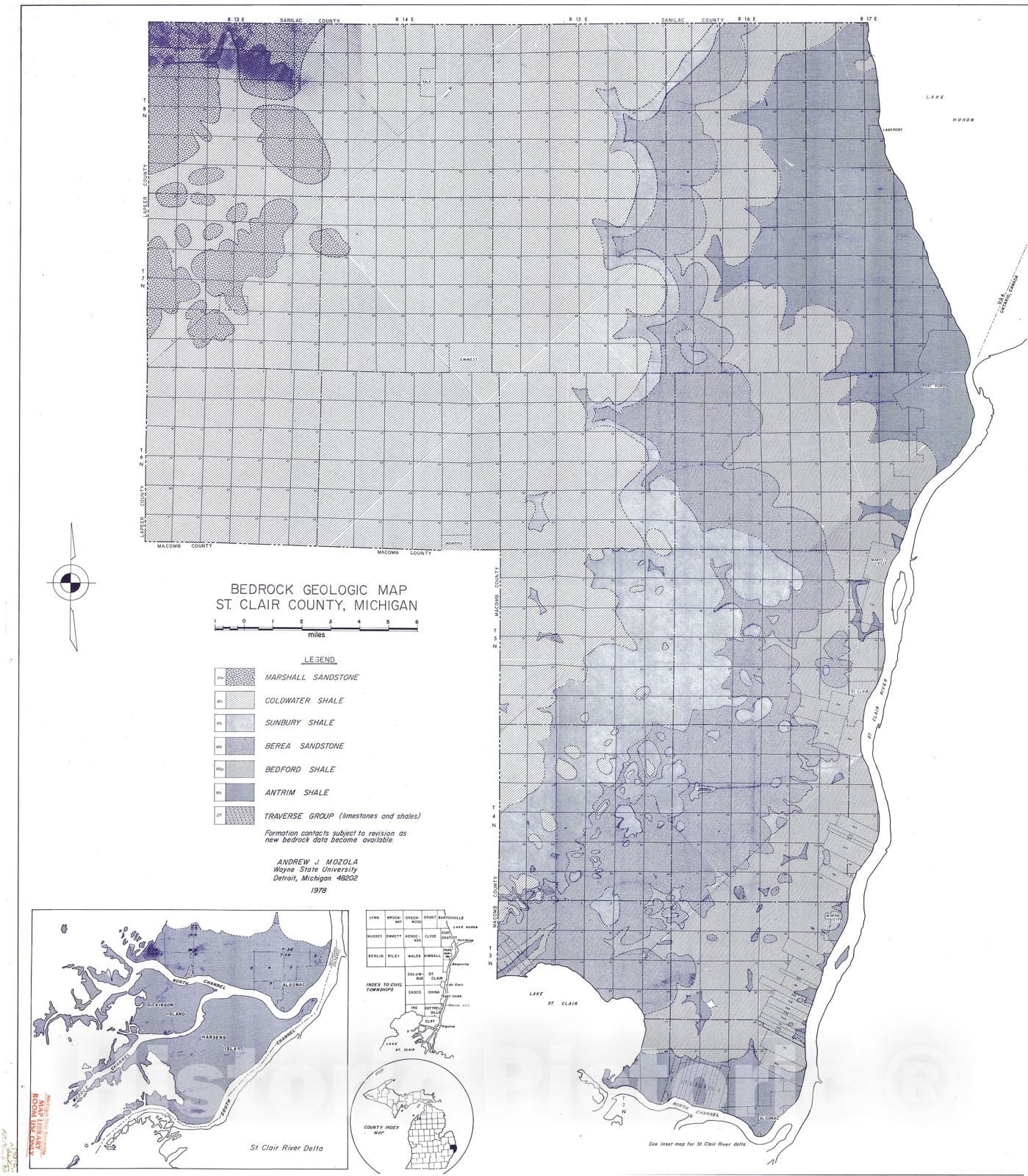 Map : Bedrock geologic map, St. Clair County, Michigan, 1978 Cartography Wall Art :