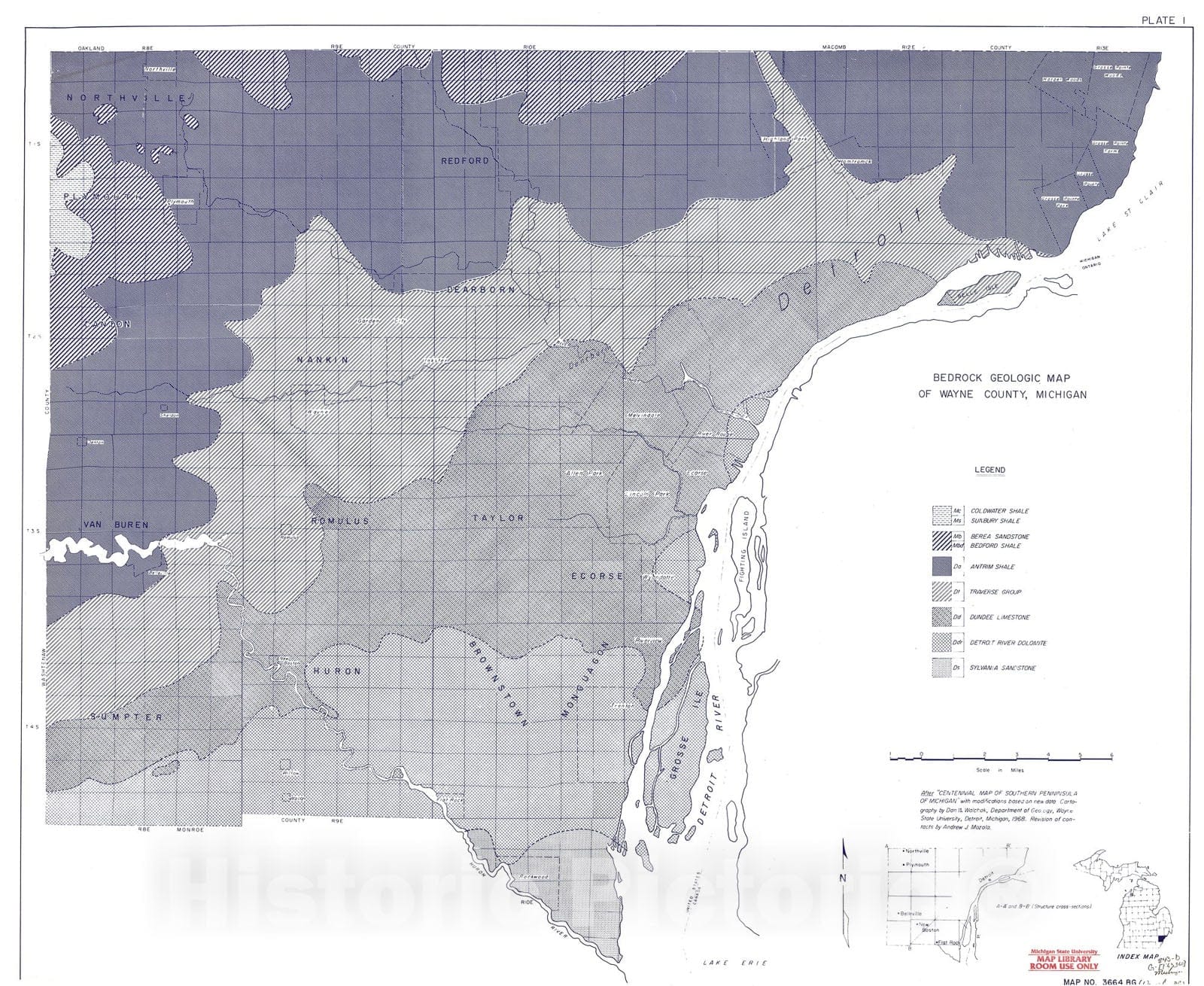 Map : Bedrock geologic map of Wayne County, Michigan, 1967 Cartography Wall Art :