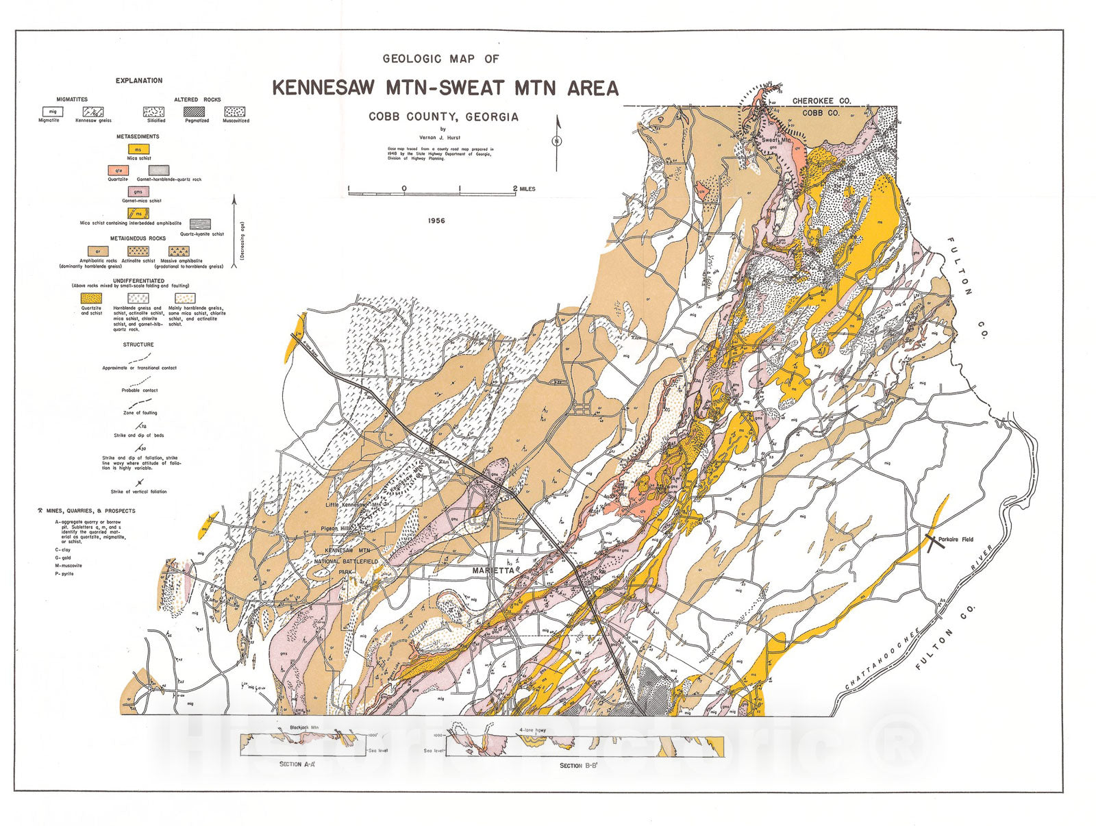 Map : Geologic map of Kennesaw Mountain - Sweat Mountain area, Cobb County, Georgia, 1956 Cartography Wall Art :