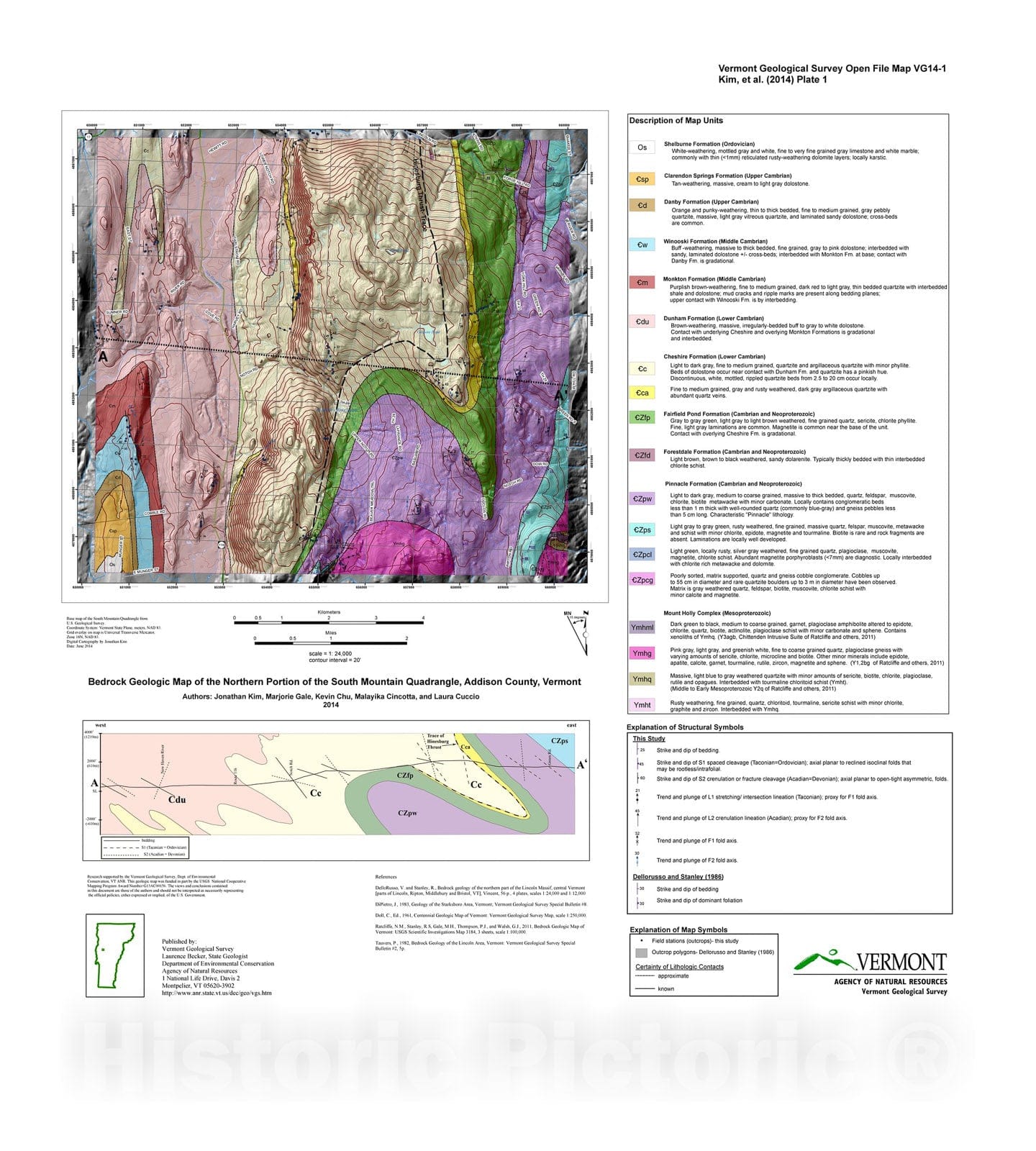 Map : Bedrock Geologic Map of the northern portion of the South Mountain Quadrangle, Addison County, Vermont, 2014 Cartography Wall Art :