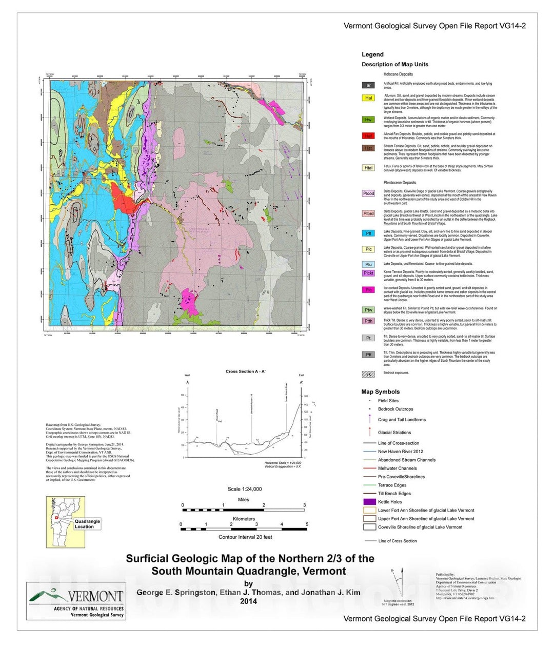 Map : Surficial Geologic Map of the northern 2/3 of the South Mountain Quadrangle, Vermont, 2014 Cartography Wall Art :