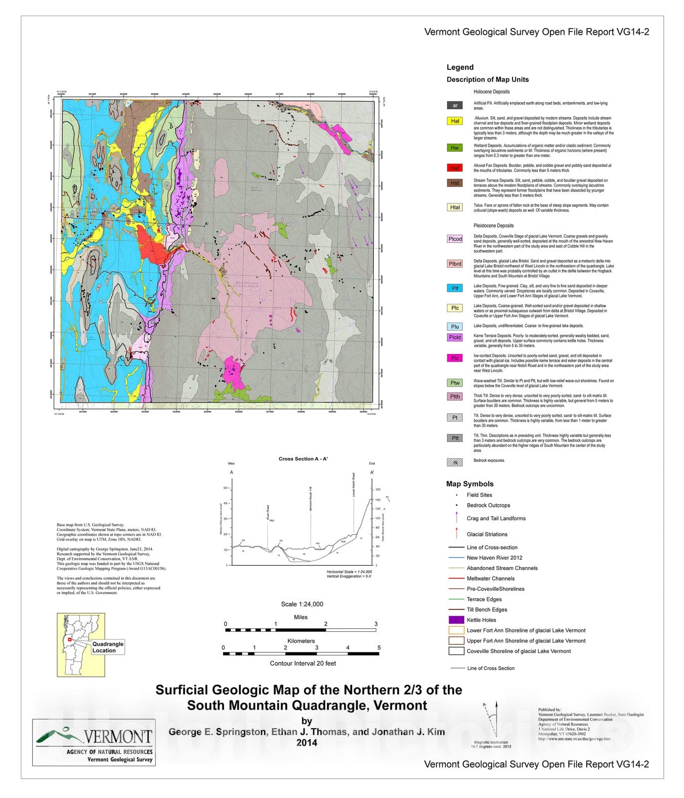 Map : Surficial Geologic Map of the northern 2/3 of the South Mountain Quadrangle, Vermont, 2014 Cartography Wall Art :