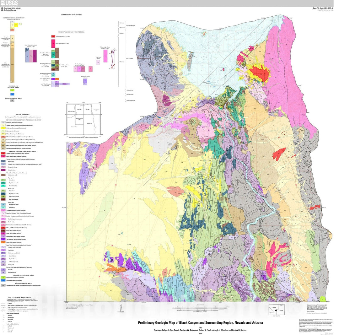 Map : Preliminary geologic map of Black Canyon and surrounding region, Nevada and Arizona, 2014 Cartography Wall Art :