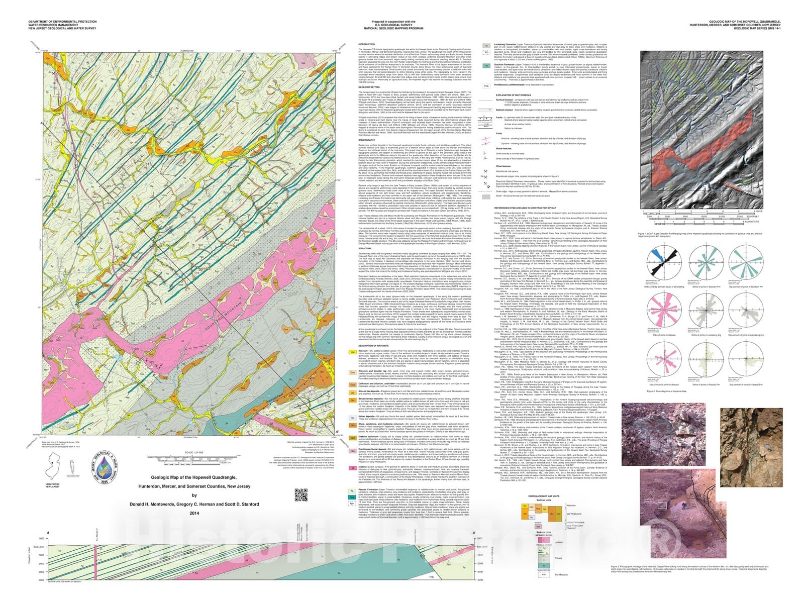 Map : Geologic map of the Hopewell quadrangle, Hunterdon, Mercer, and Somerset counties, New Jersey, 2014 Cartography Wall Art :