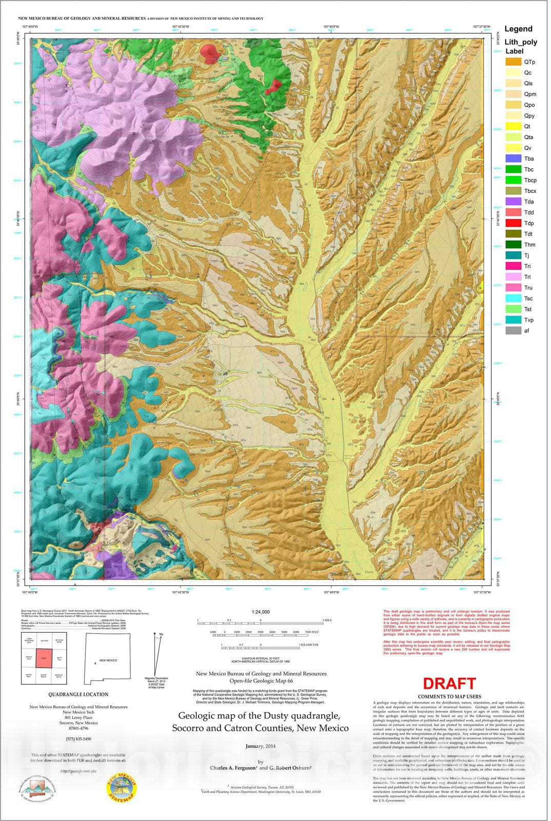 Map : Geologic map of the Dusty quadrangle, Socorro and Catron Counties, New Mexico, 2014 Cartography Wall Art :