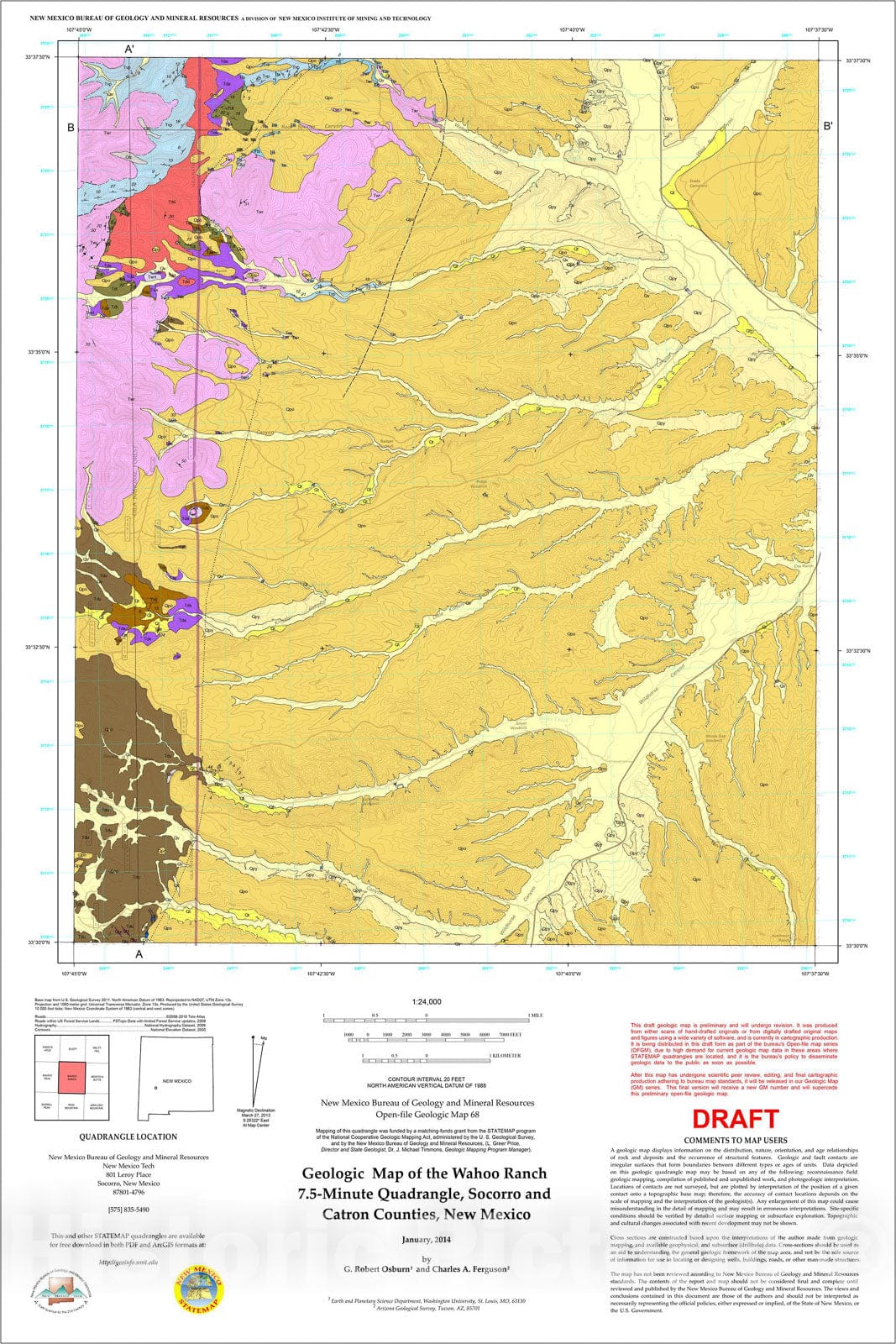 Map : Geologic map of the Wahoo Ranch 7.5-Minute Quadrangle, Socorro and Catron counties, New Mexico, 2014 Cartography Wall Art :