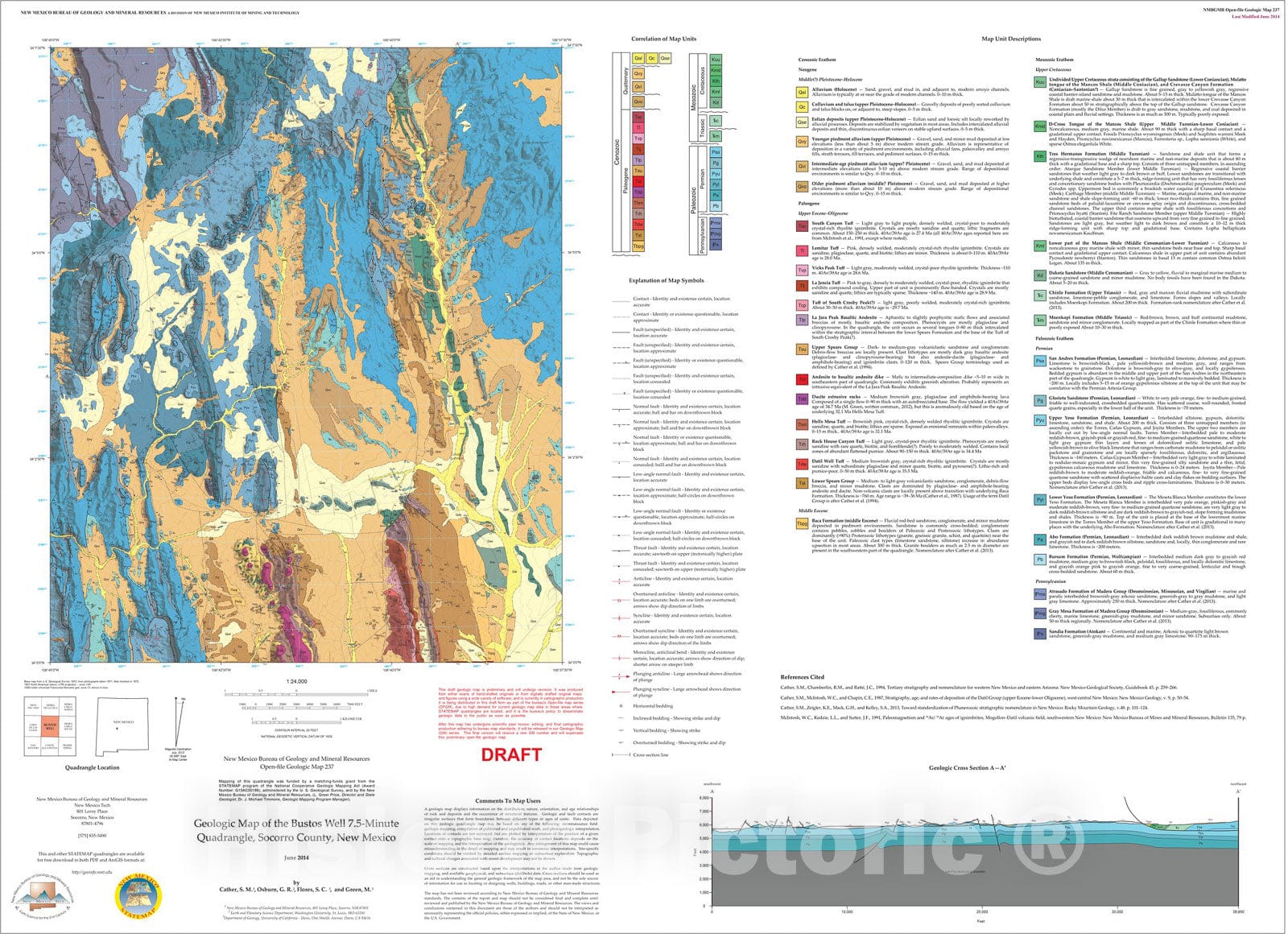 Map : Geologic map of the Bustos Well 7.5-Minute Quadrangle, Socorro County, New Mexico, 2014 Cartography Wall Art :