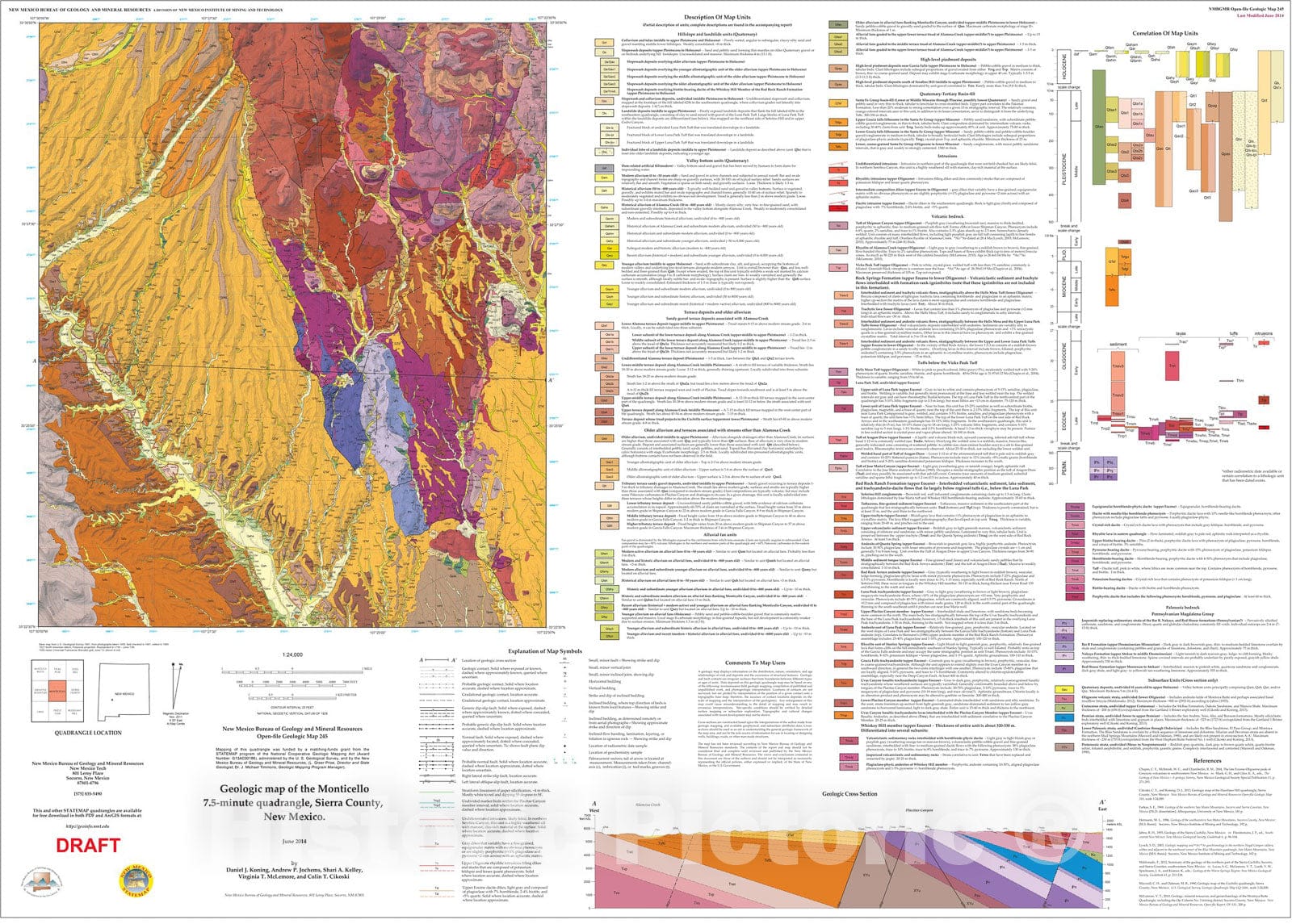 Map : Geologic map of the Monticello 7.5-Minute Quadrangle, Sierra and Socorro Counties, New Mexico, 2014 Cartography Wall Art :