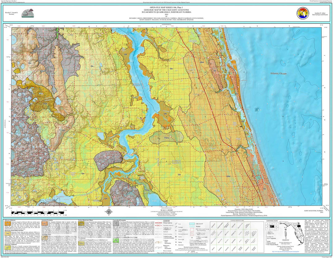 Map : Geologic map of the USGS Saint Augustine thirty x sixty minute quadrangle, northeast Florida [3 plates], 2014 Cartography Wall Art :