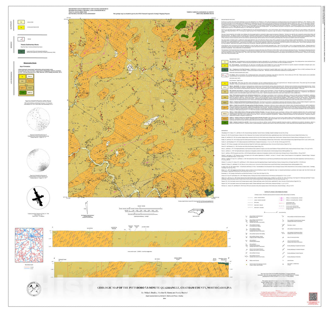 Map : Geologic map of the Pittsboro 7.5-minute quadrangle, Chatham County, North Carolina, 2014 Cartography Wall Art :