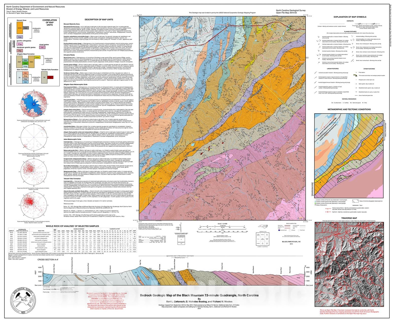 Map : Bedrock Geologic Map of the Black Mountain 7.5-minute quadrangle, Buncombe, McDowell and Henderson Counties, North Carolina, 2014 Cartography Wall Art :