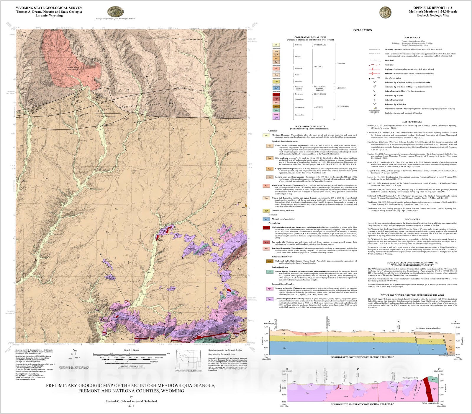 Map : Preliminary geologic Map of the McIntosh Meadows 7.5' Quadrangle, Fremont and Natrona Counties, Wyoming, 2014 Cartography Wall Art :