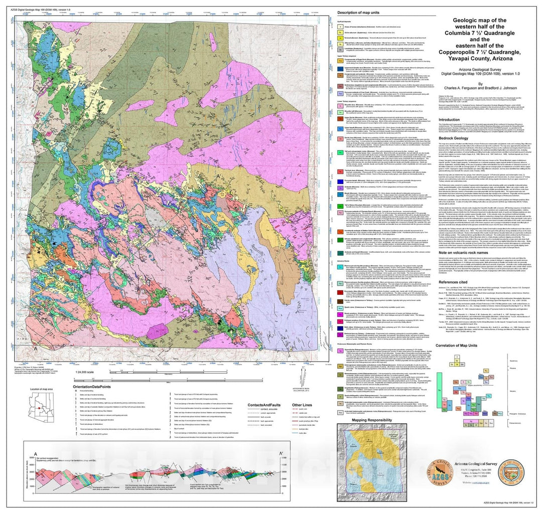 Map : Geologic map of the western half of the Columbia seven 1/2' Quadrangle and the eastern half of the Copperopolis seven 1/2' Quadrangle, Arizona, 2014 Cartography Wall Art :