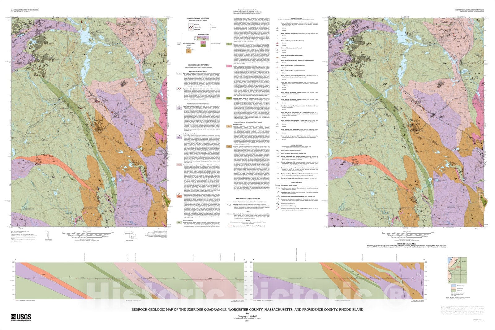 Map : Bedrock geologic map of the Uxbridge quadrangle, Worcester County, Massachusetts, and Providence County, Rhode Island, 2014 Cartography Wall Art :