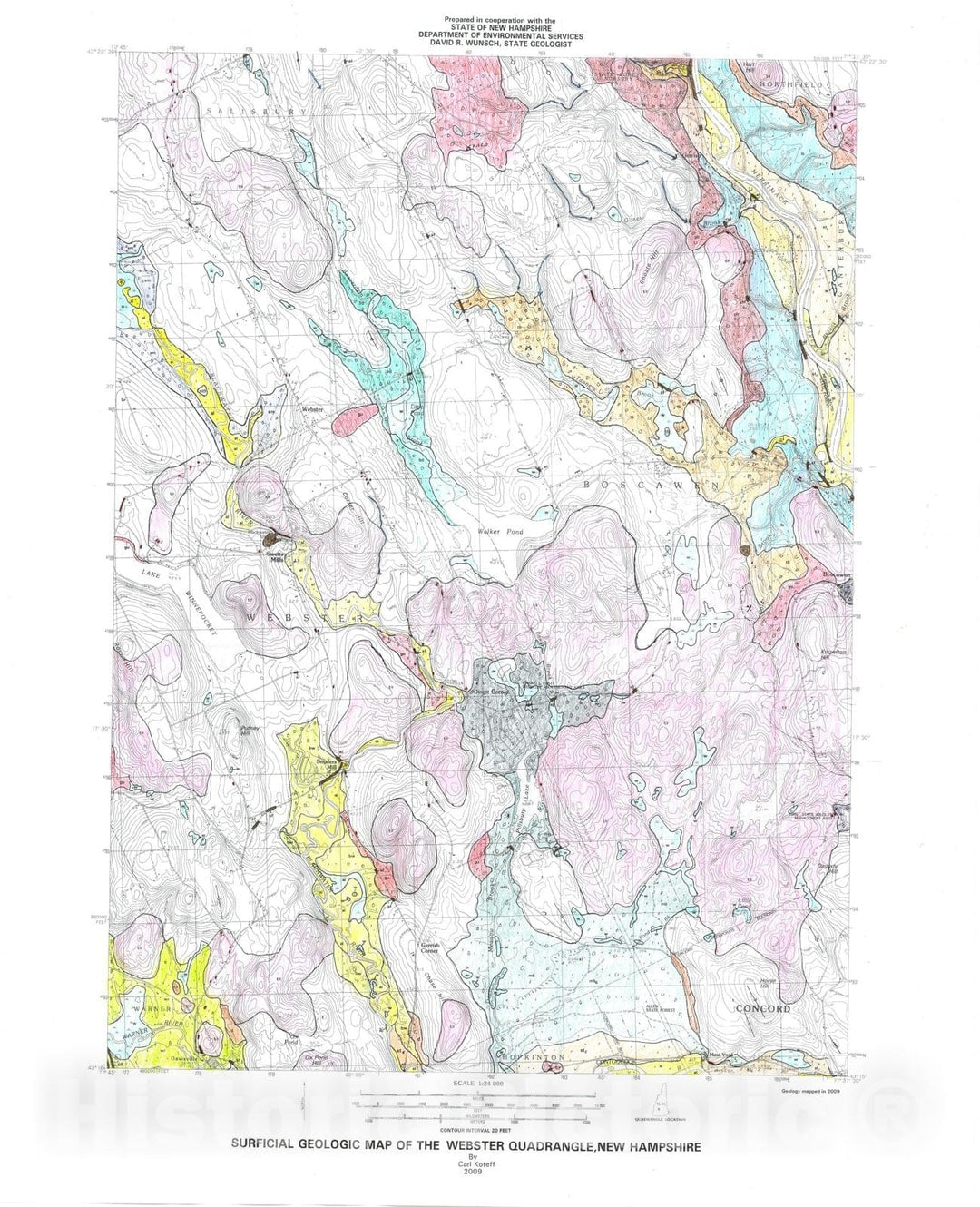 Map : Surficial geologic map of the Webster quadrangle, New Hampshire, 2009 Cartography Wall Art :