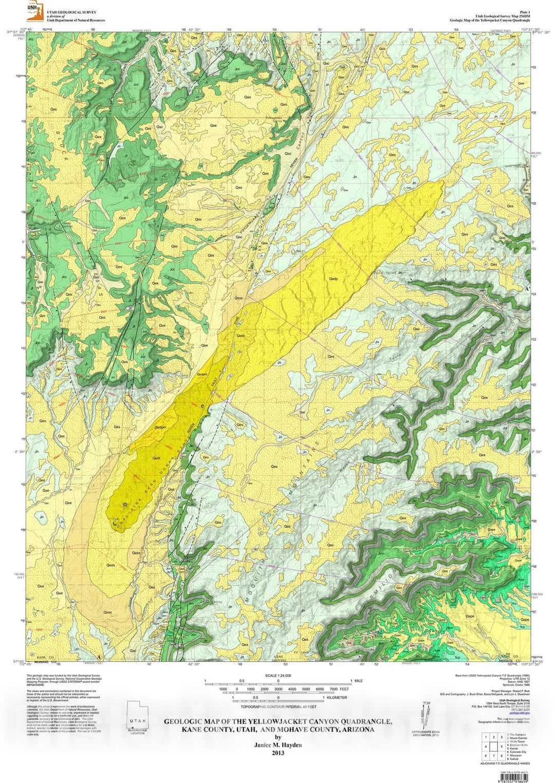 Map : Geologic map of the Yellowjacket Canyon quadrangle, Kane County, Utah, and Mohave County, Arizona, 2013 Cartography Wall Art :