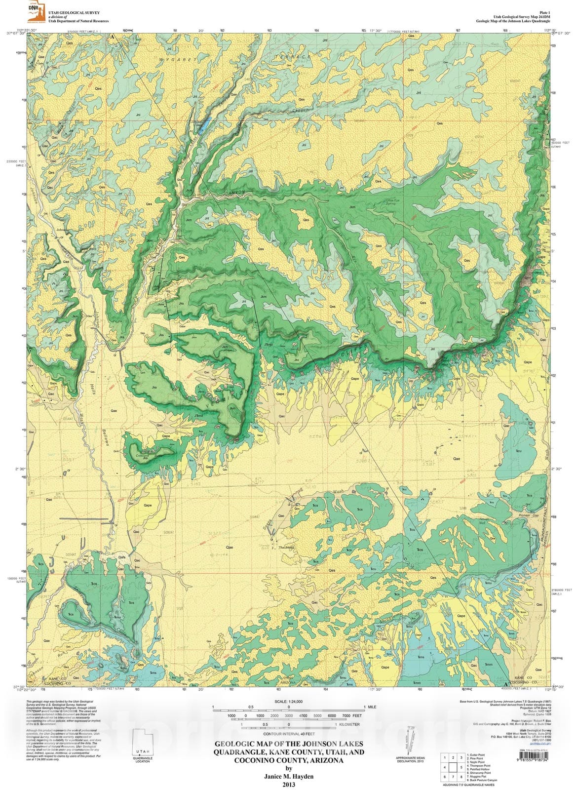 Map : Geologic map of the Johnson Lakes quadrangle, Kane County, Utah, and Coconino County, Arizona, 2013 Cartography Wall Art :