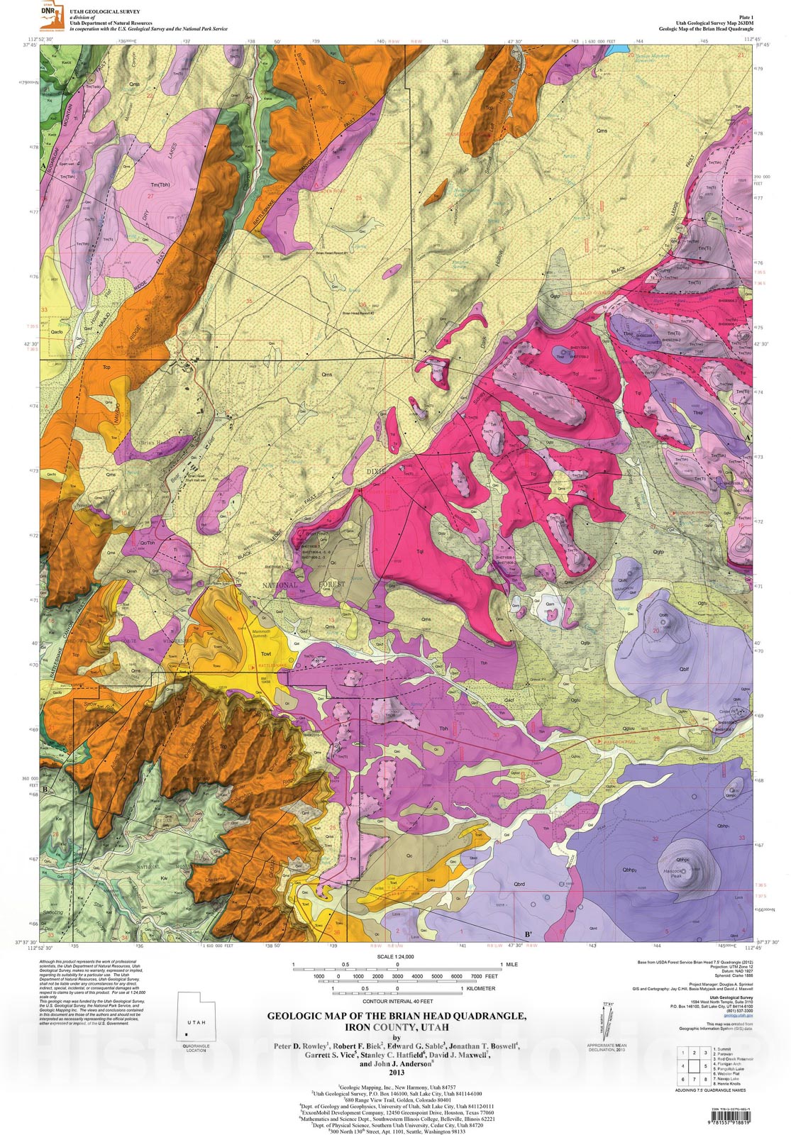 Map : Geologic map of the Brian Head quadrangle, Iron County, Utah, 2013 Cartography Wall Art :