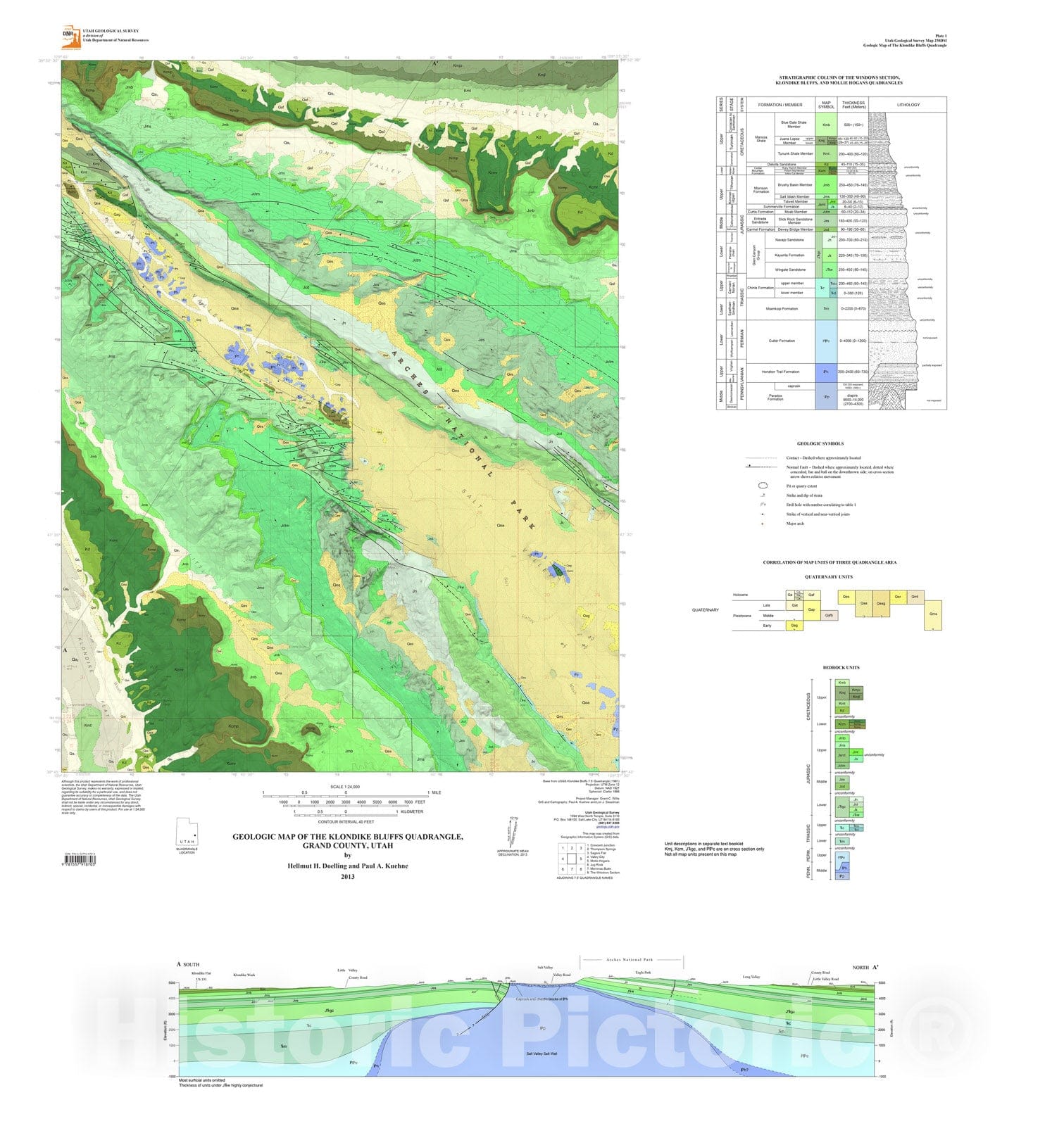 Map : Geologic map of the Klondike Bluffs quadrangle, Grand County, Utah, 2013 Cartography Wall Art :