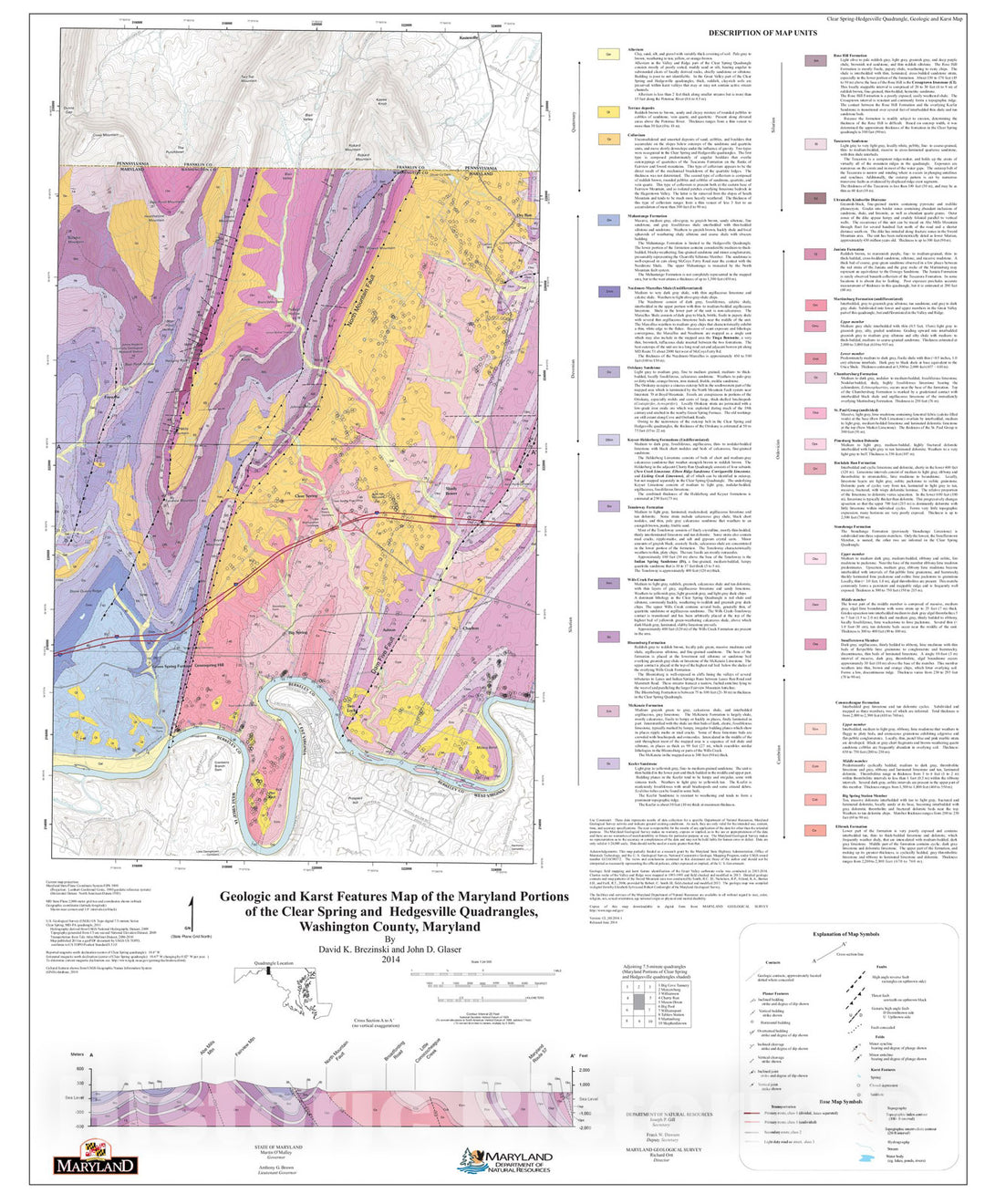 Map : Geologic and Karst Features Map of the Maryland Portions of the Clear Spring and Hedgesville Quadrangles, Washington County, Maryland, 2014 Cartography Wall Art :