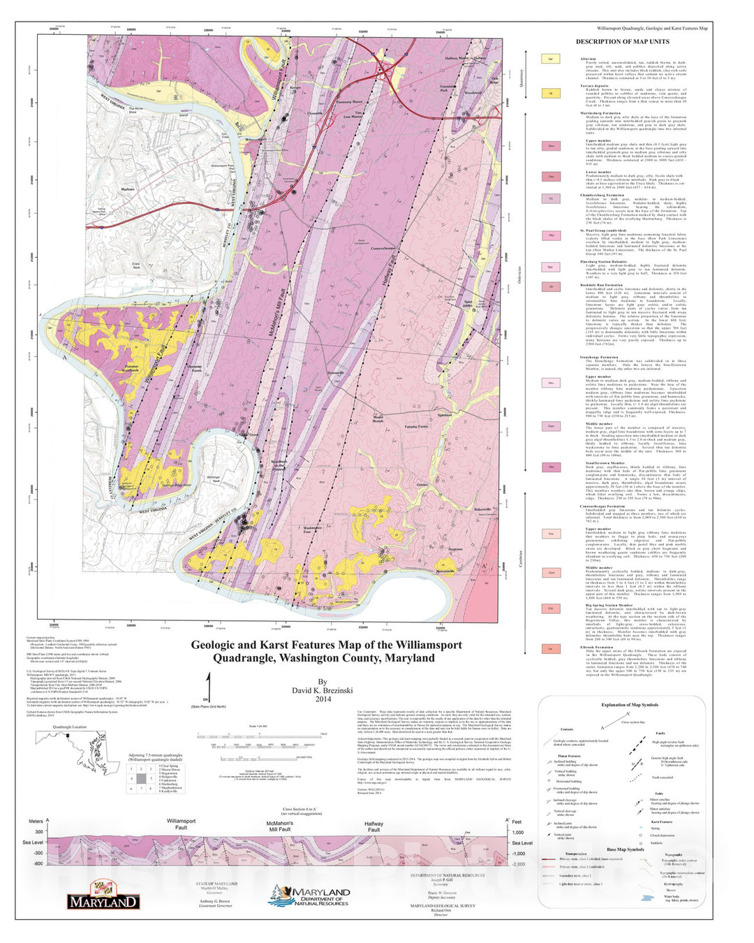 Map : Geologic and Karst Features Map of the Williamsport Quadrangle, Washington County, Maryland, 2014 Cartography Wall Art :