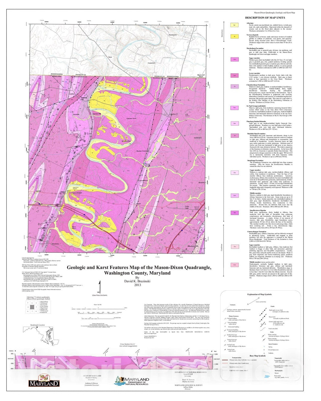 Map : Geologic and Karst Features Map of the Mason and Dixon Quadrangle, Washington County, Maryland, 2013 Cartography Wall Art :