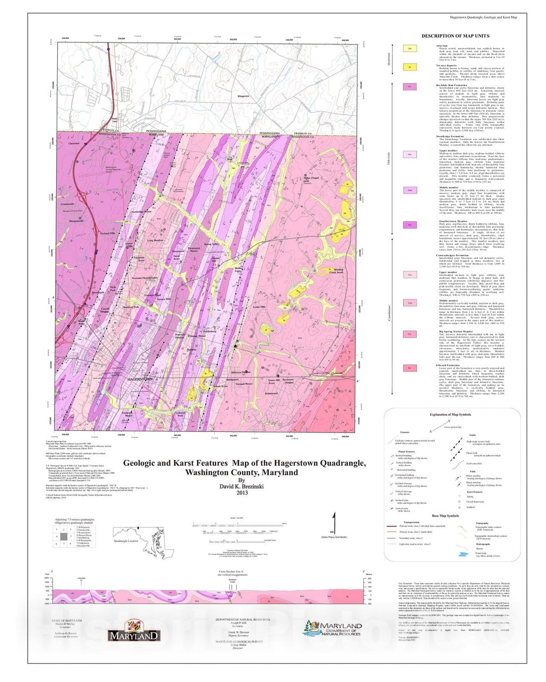 Map : Geologic and Karst Features Map of the Hagerstown Quadrangle, Washington County, Maryland, 2013 Cartography Wall Art :