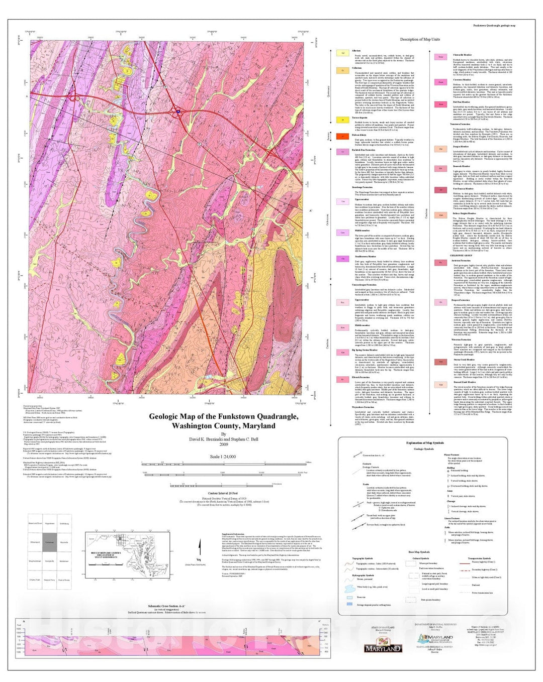 Map : Geologic Map of the Funkstown Quadrangle, Washington County, Maryland, 2009 Cartography Wall Art :