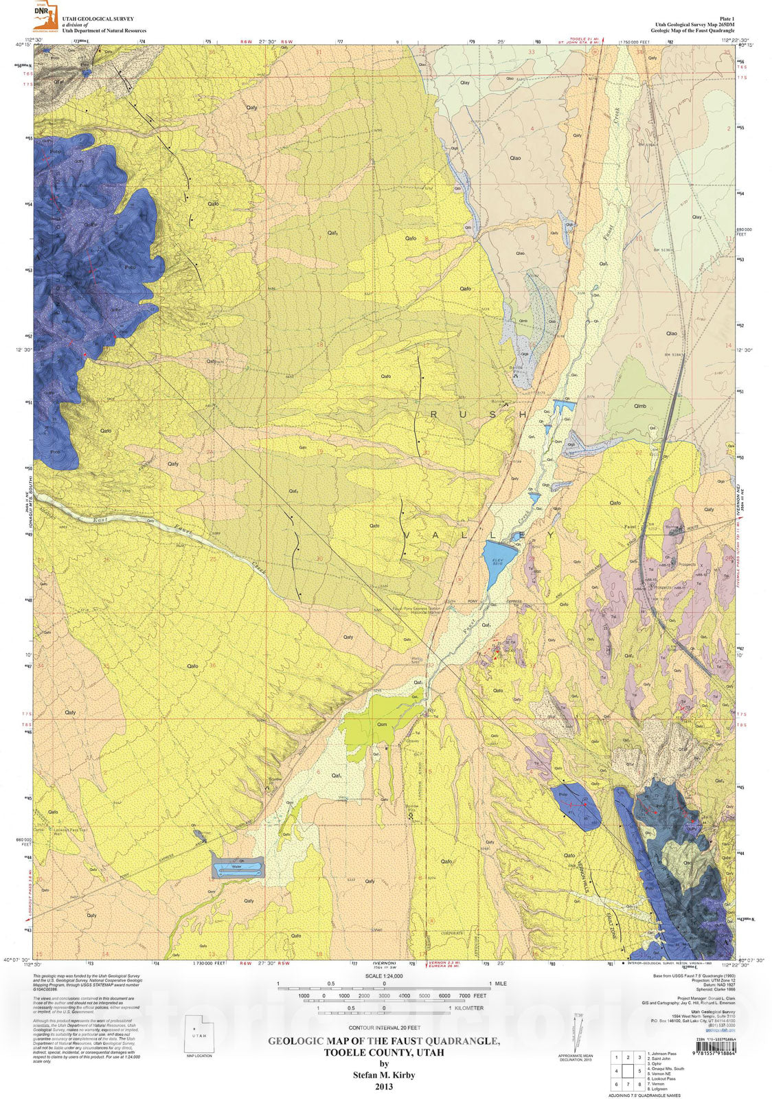 Map : Geologic map of the Faust quadrangle, Tooele County, Utah, 2013 Cartography Wall Art :