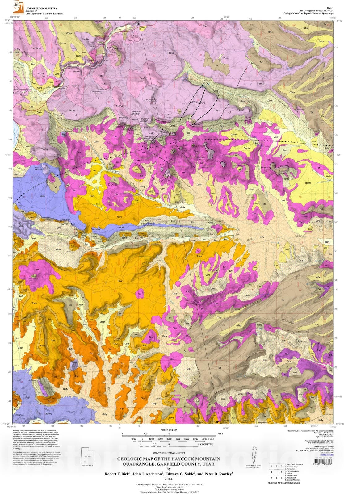 Map : Geologic map of the Haycock Mountain quadrangle, Garfield County, Utah, 2014 Cartography Wall Art :